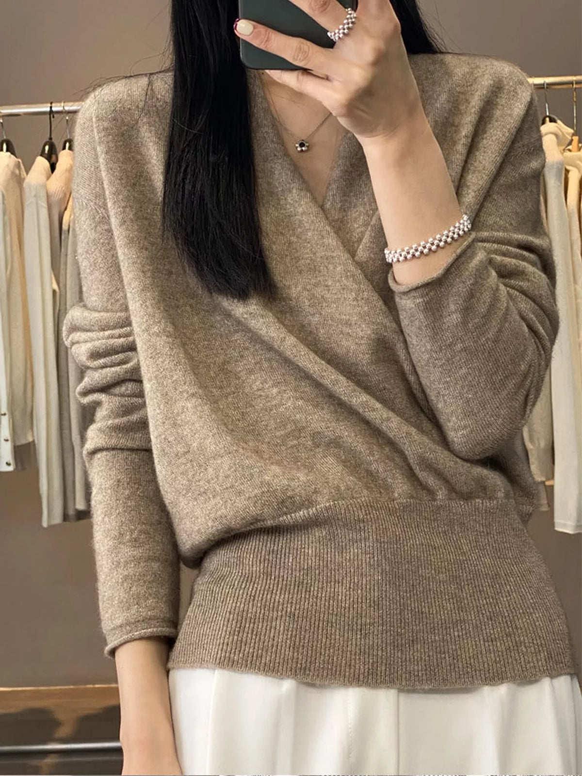 Wrap-Front Long Sleeve Sweater - Camel - View 2