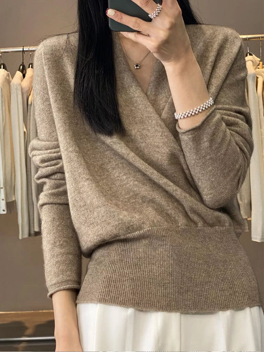 Wrap-Front Long Sleeve Sweater - Camel - View 2