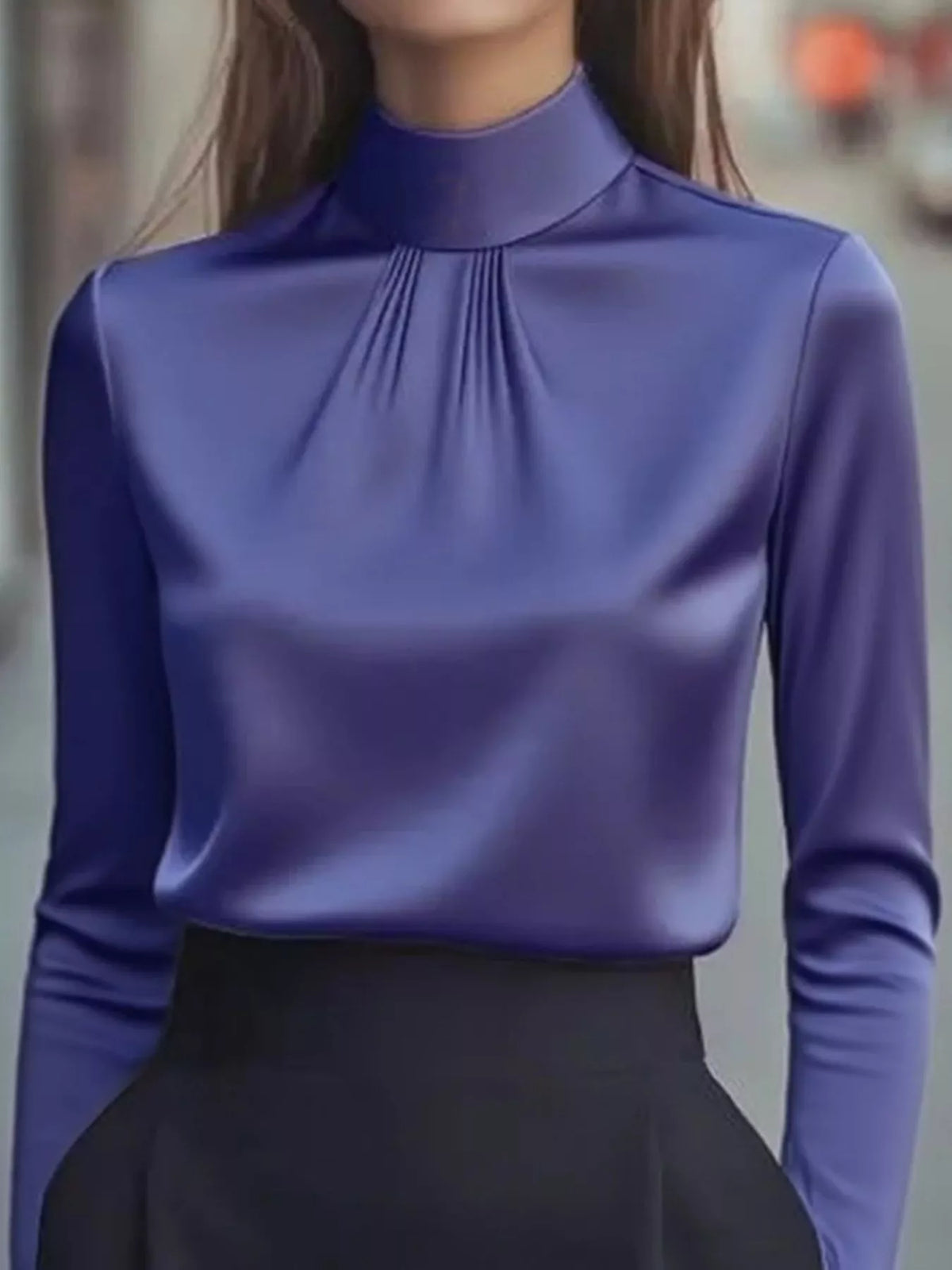Mock Neck Long Sleeve Blouse with Pleated Detail - Purple - View 7