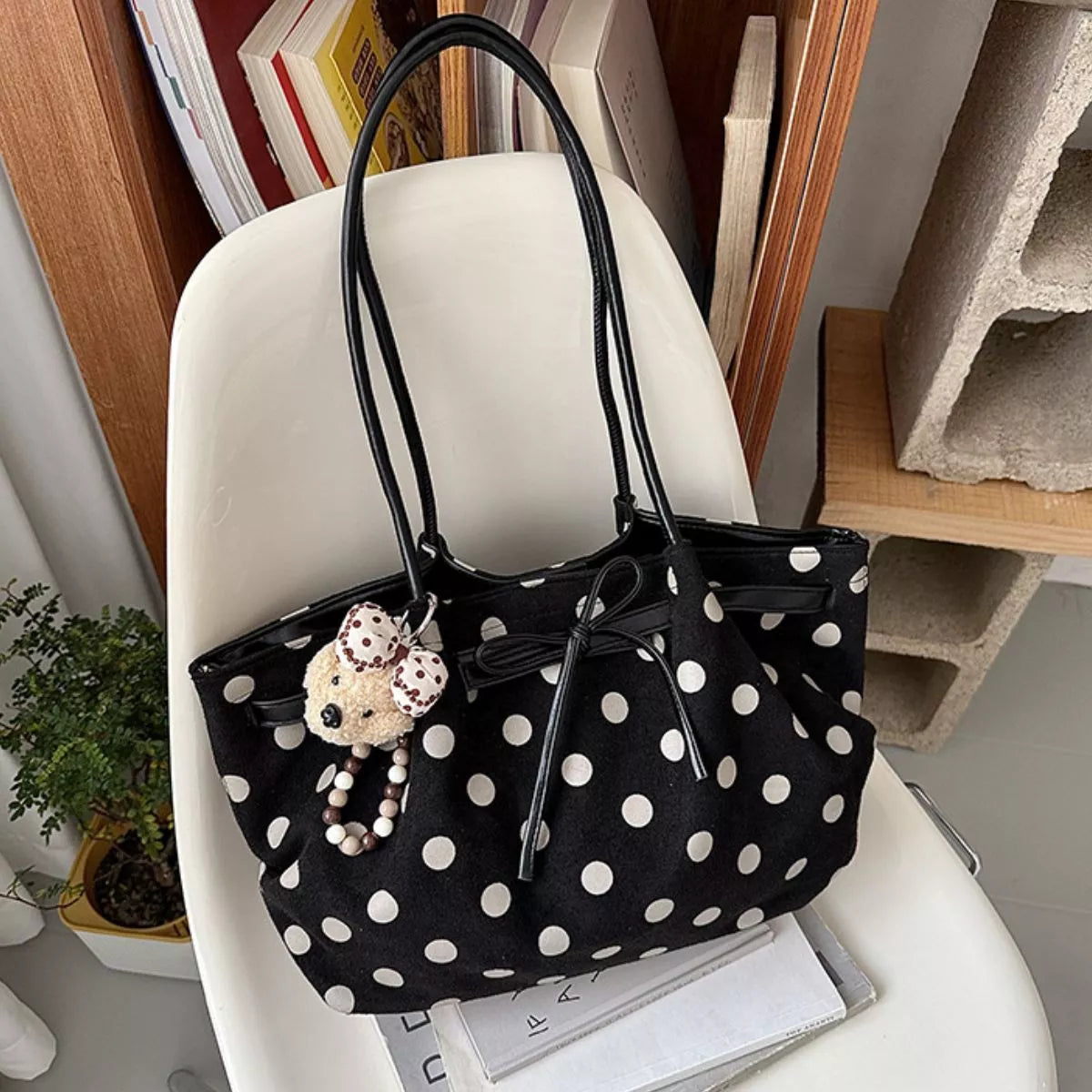 Polka Dot Shoulder Bag - Black - View 5