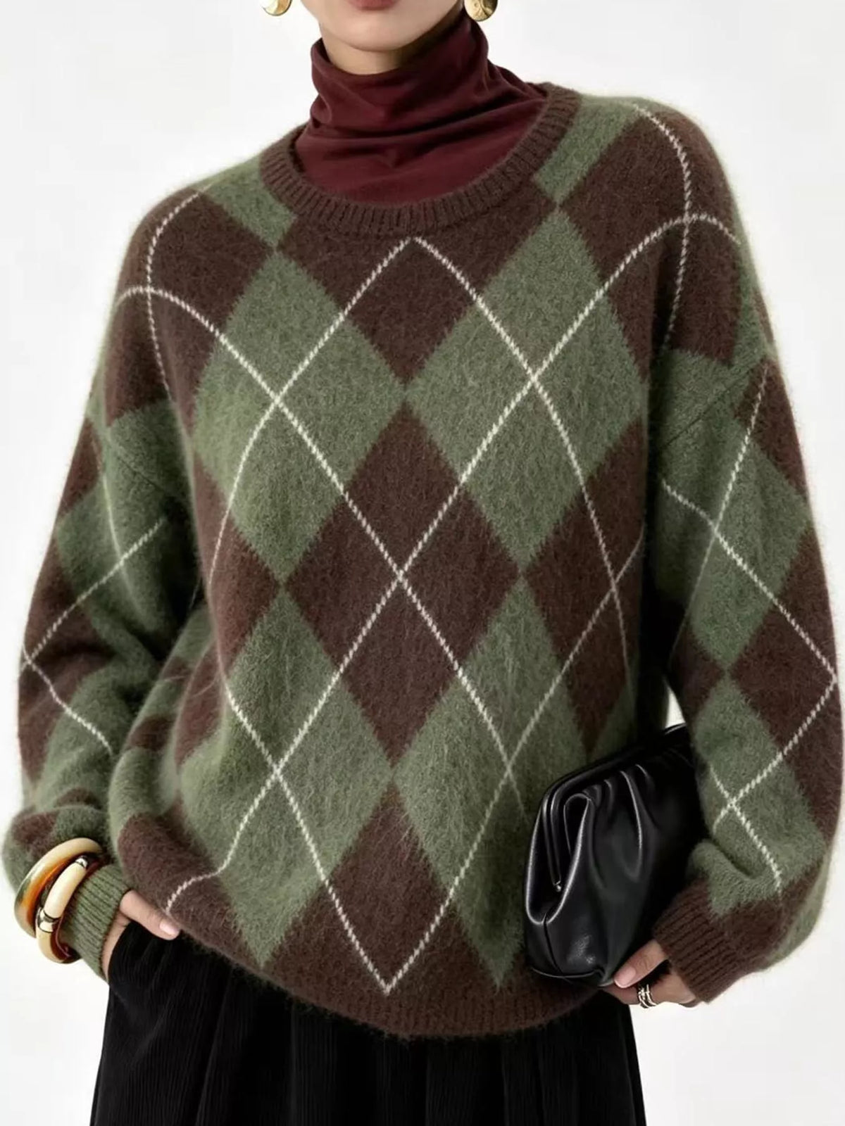 Argyle Pattern Fuzzy Knit Sweater - Green - View 22