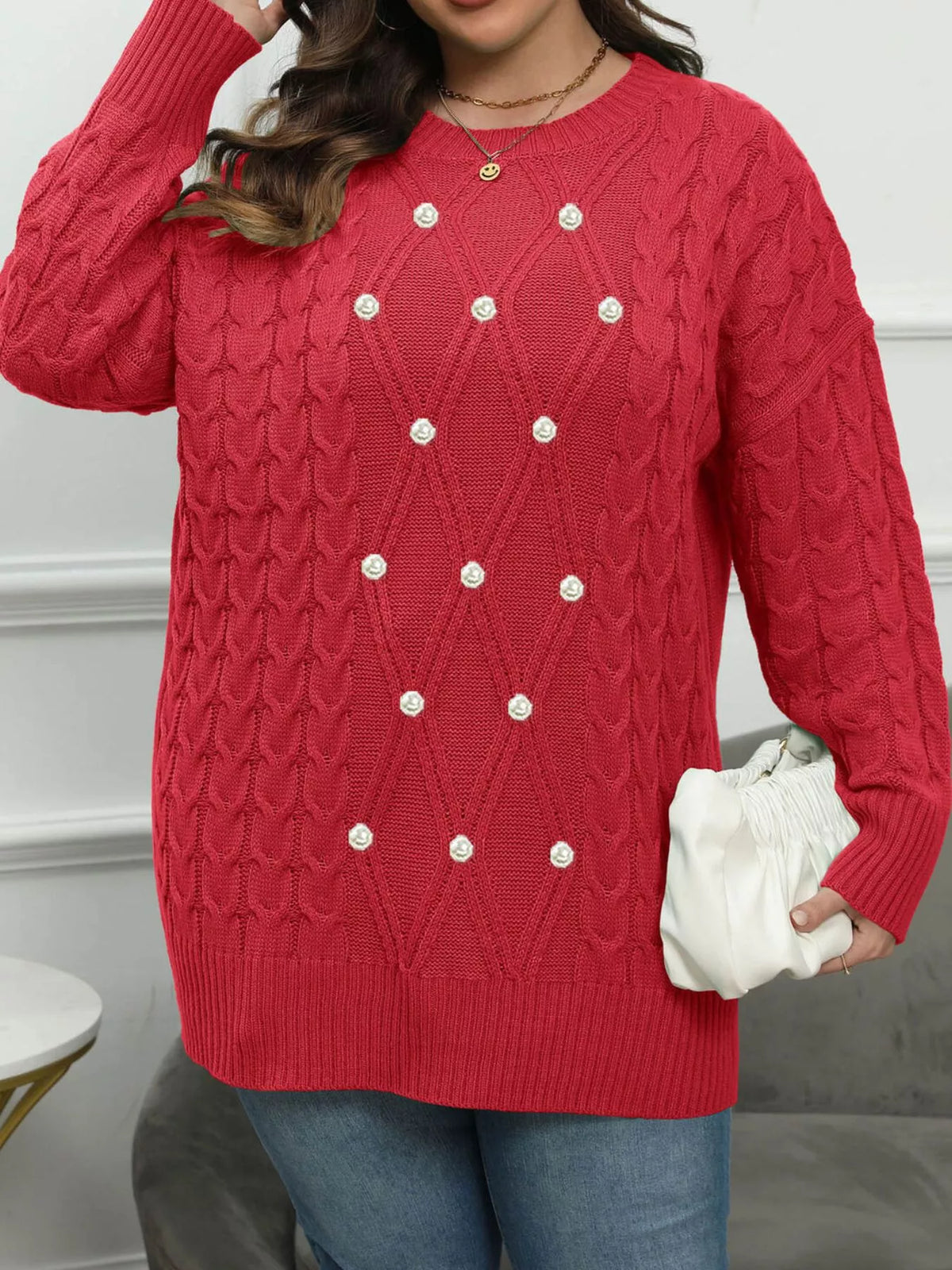 Plus Size Cable Knit Dropped Shoulder Sweater - All Colors - View 2
