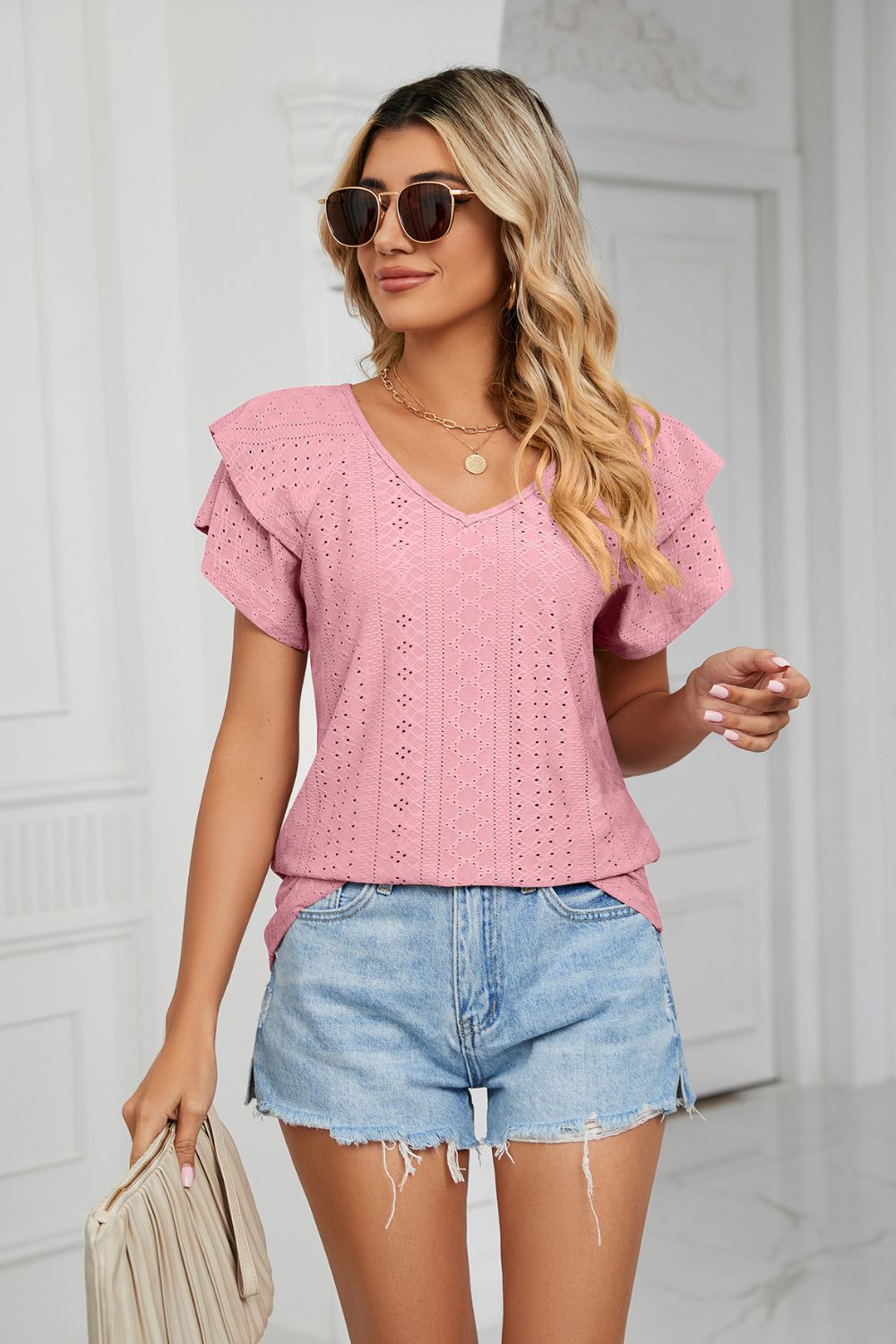 Eyelet Layered Flutter Sleeve V-Neck Knit Top - Blush Pink - View 16