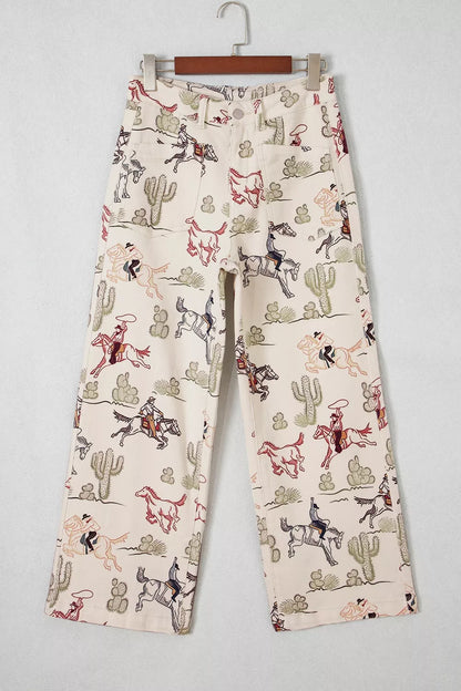 Western Print Straight Leg Ankle-Length Pocket Jeans - Beige - View 3