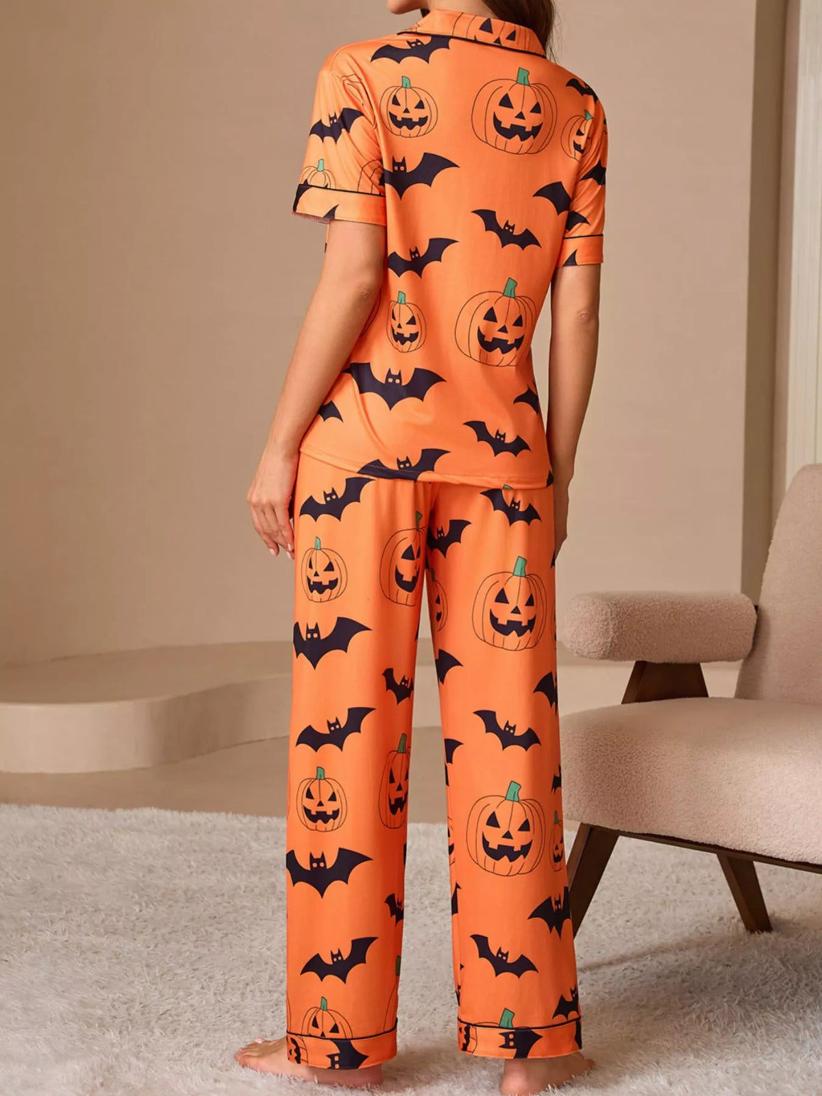 Halloween Pumpkin and Bat Print Button-Down Top and Pants Lounge Set - Orange - View 3