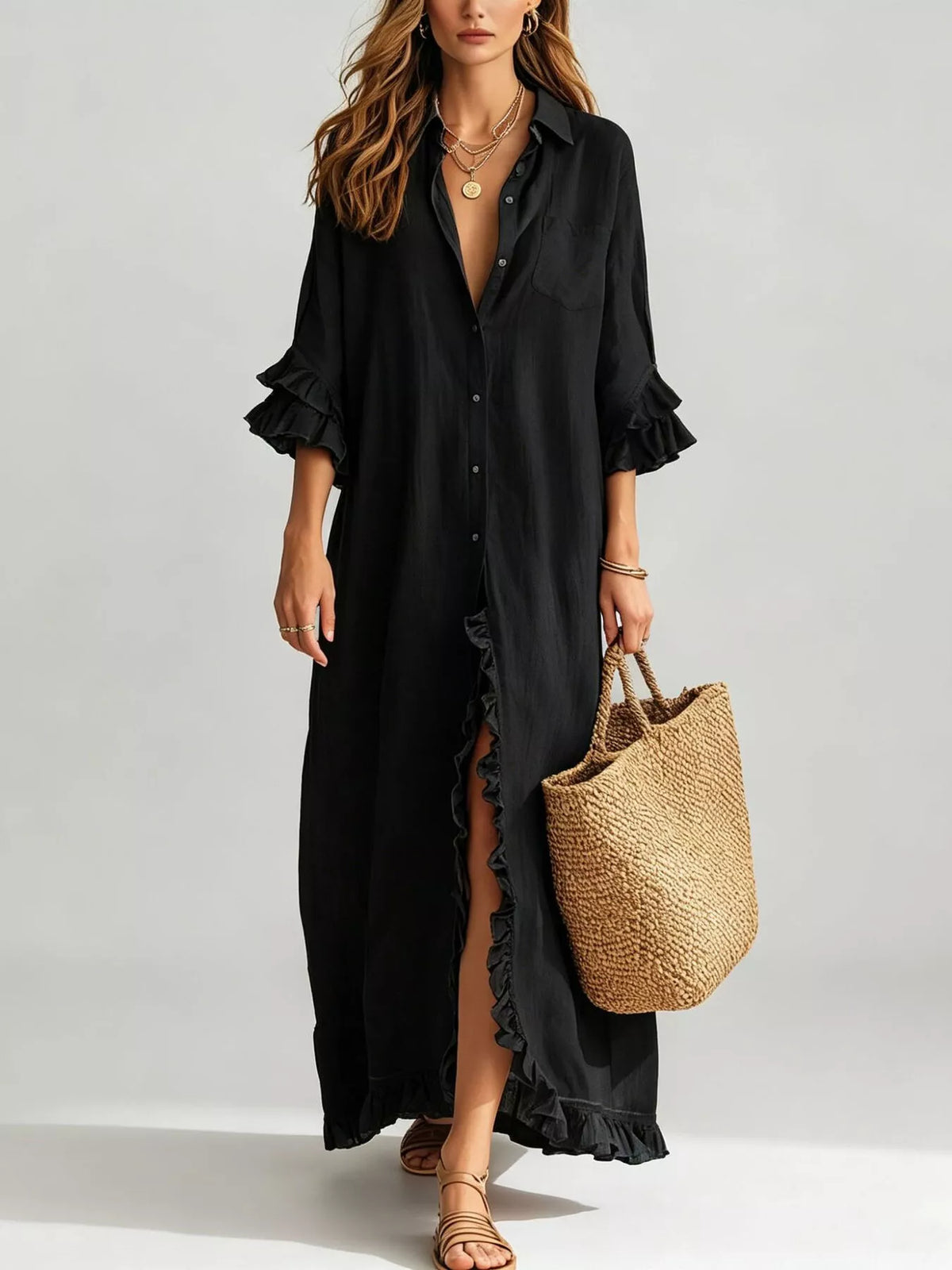 Full Size Ruffled Trim Button-Down Maxi Shirt Dress Plus Size - Black - View 1