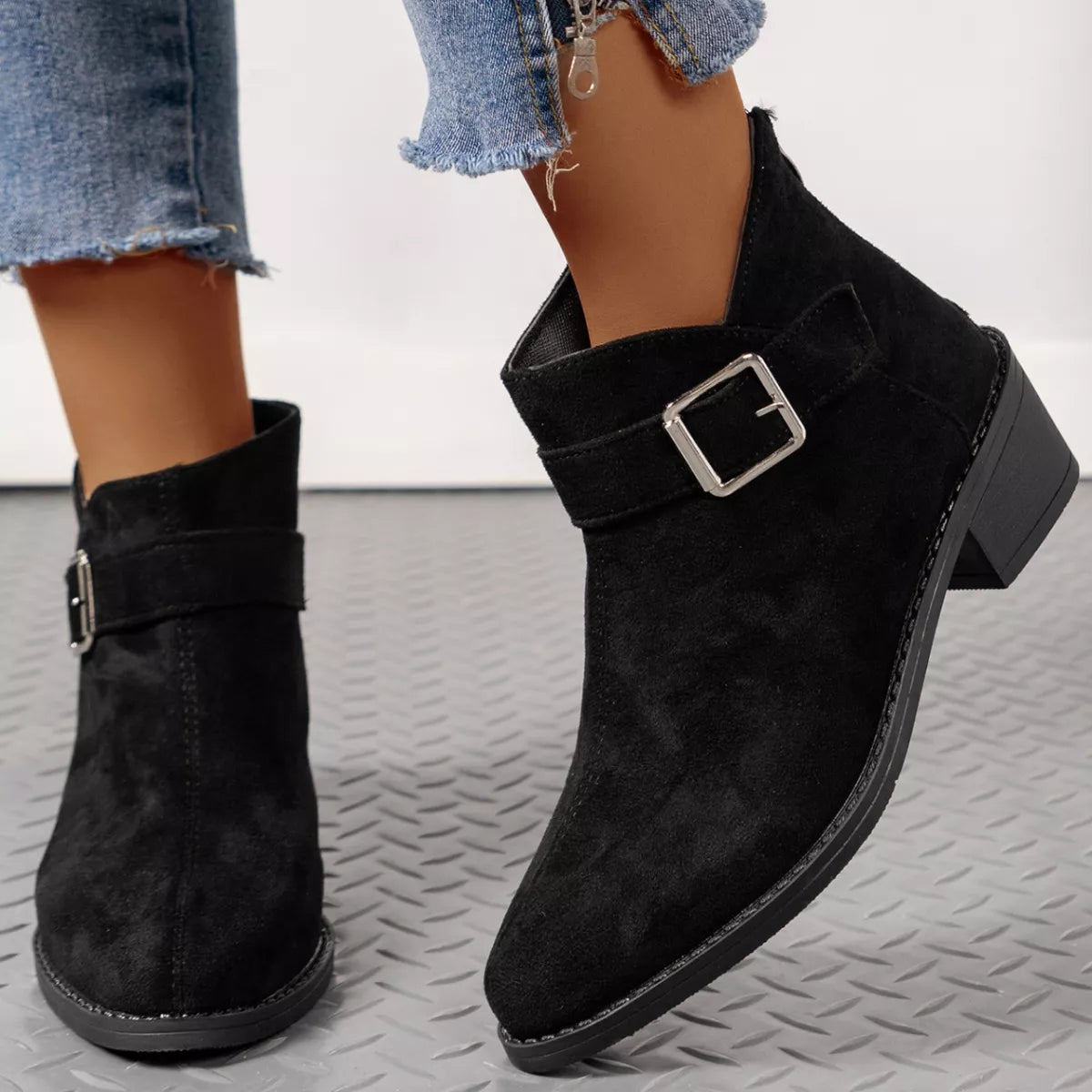 Point Toe Block Heels Boots - Black - View 8
