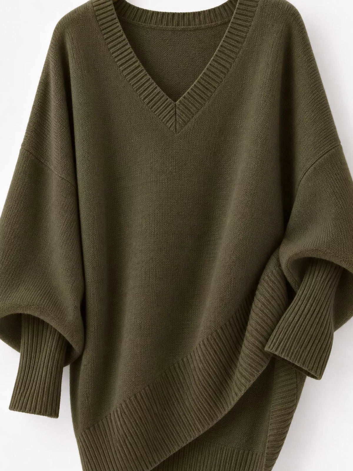 Full Size V-Neck Oversized Batwing Sleeve Sweater Plus Size - Dark Green - View 24