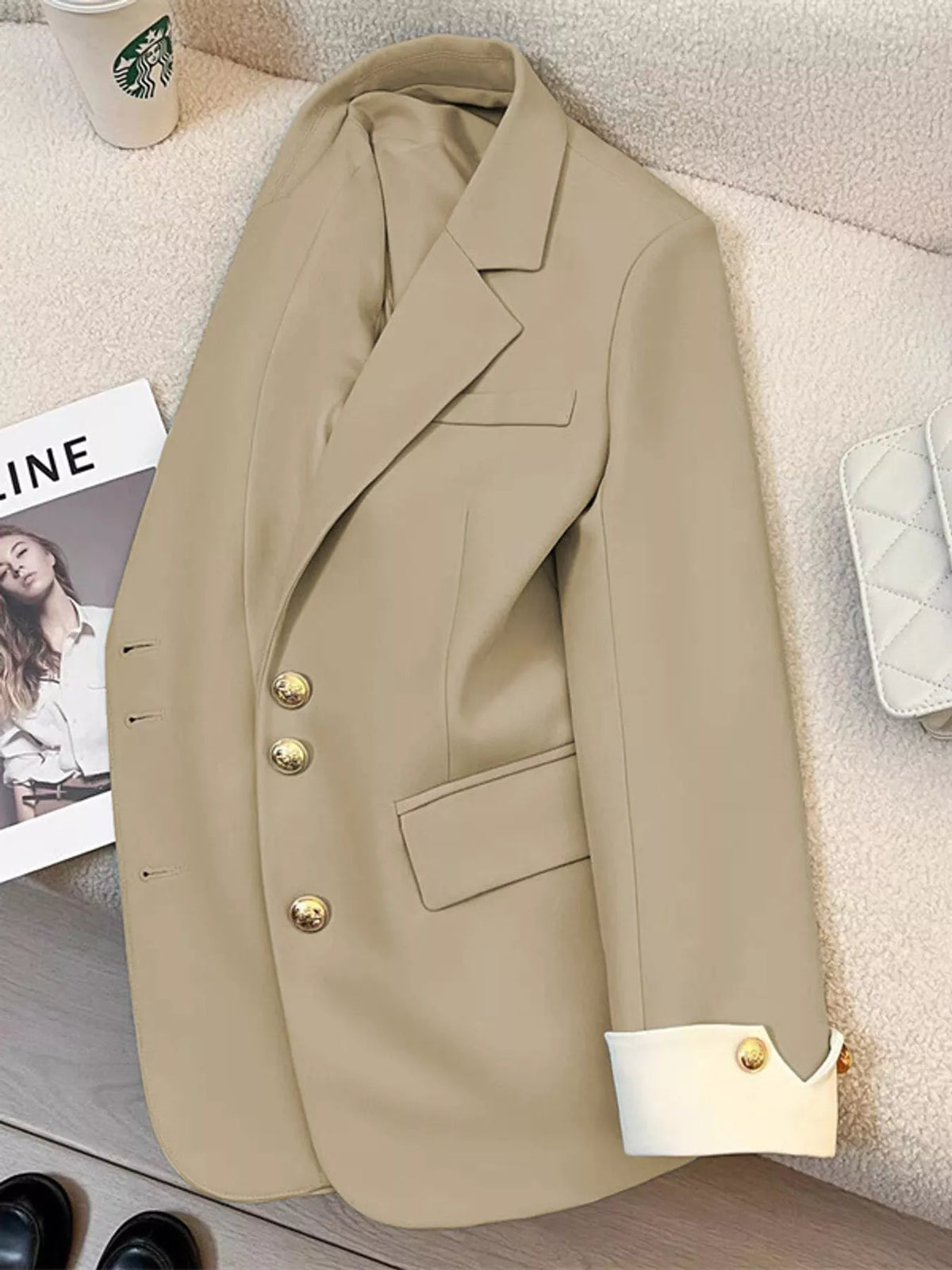 Full Size Single-Breasted Blazer with Gold Button Accents Plus Size - Mustard Yellow - View 19