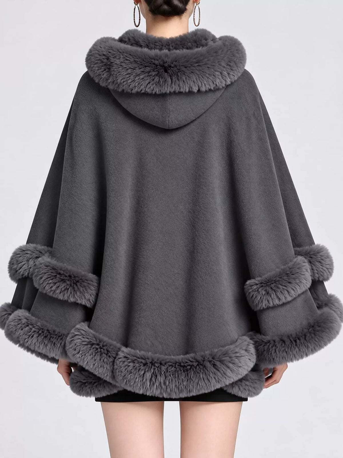Faux Fur Trimmed Hooded Cape - Dark Gray - View 9