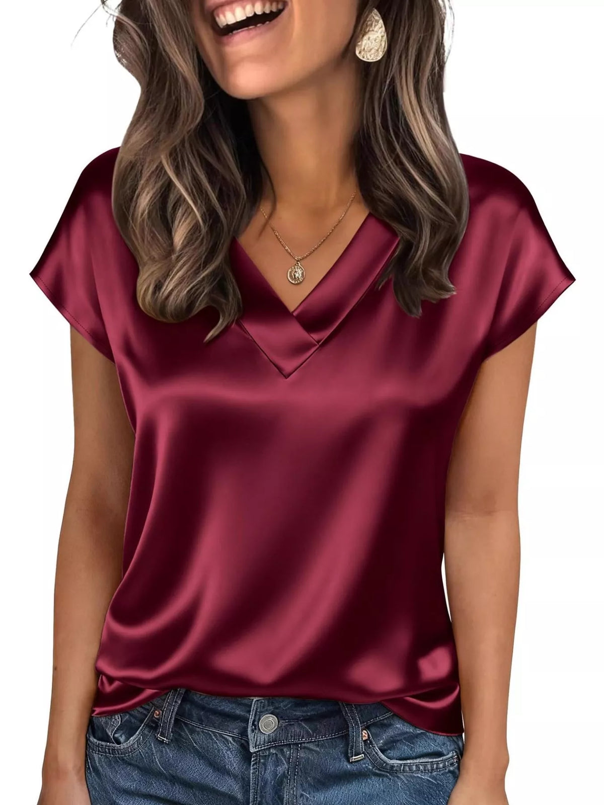 Satin V-Neck Cap Sleeve Blouse - Wine Red - View 9