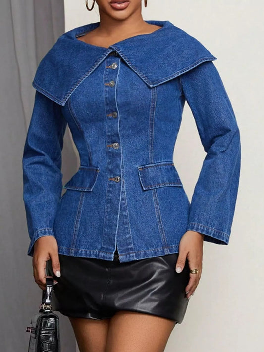Wide Collar Slim Fit Denim Jacket - Denim Blue - View 2