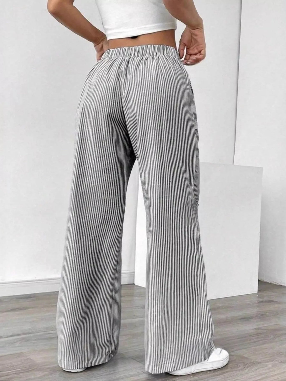 Striped Drawstring Wide-Leg Pants - Light Gray - View 3