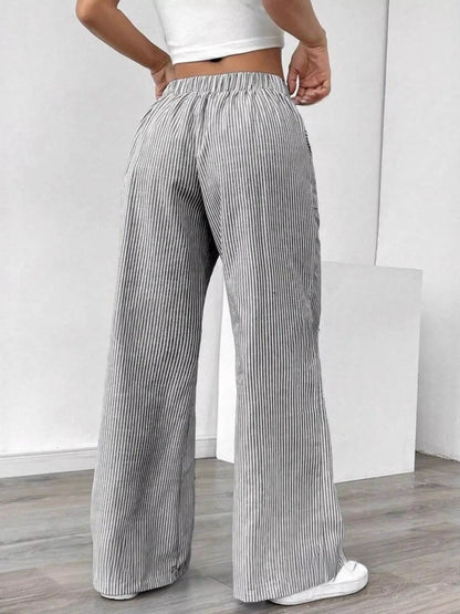 Striped Drawstring Wide-Leg Pants - Light Gray - View 3