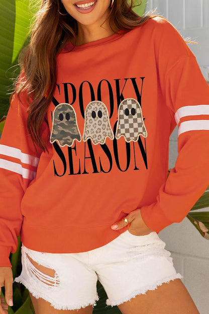 Spooky Season Ghost Graphic Varsity Striped Sleeve Halloween Pullover Sweatshirt - Orange - View 6