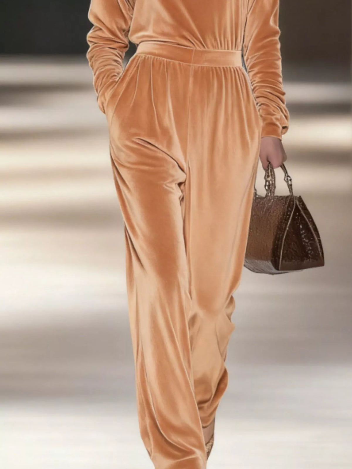 Full Size Velvet Turtleneck Long Sleeve Top and Wide-Leg Pants Set Plus Size - Khaki - View 3