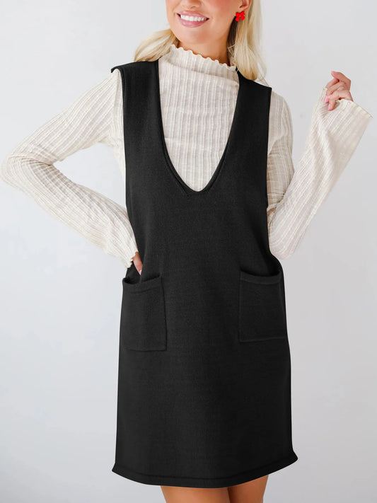 Sleeveless Knit Dress with Pockets - Black - View 2