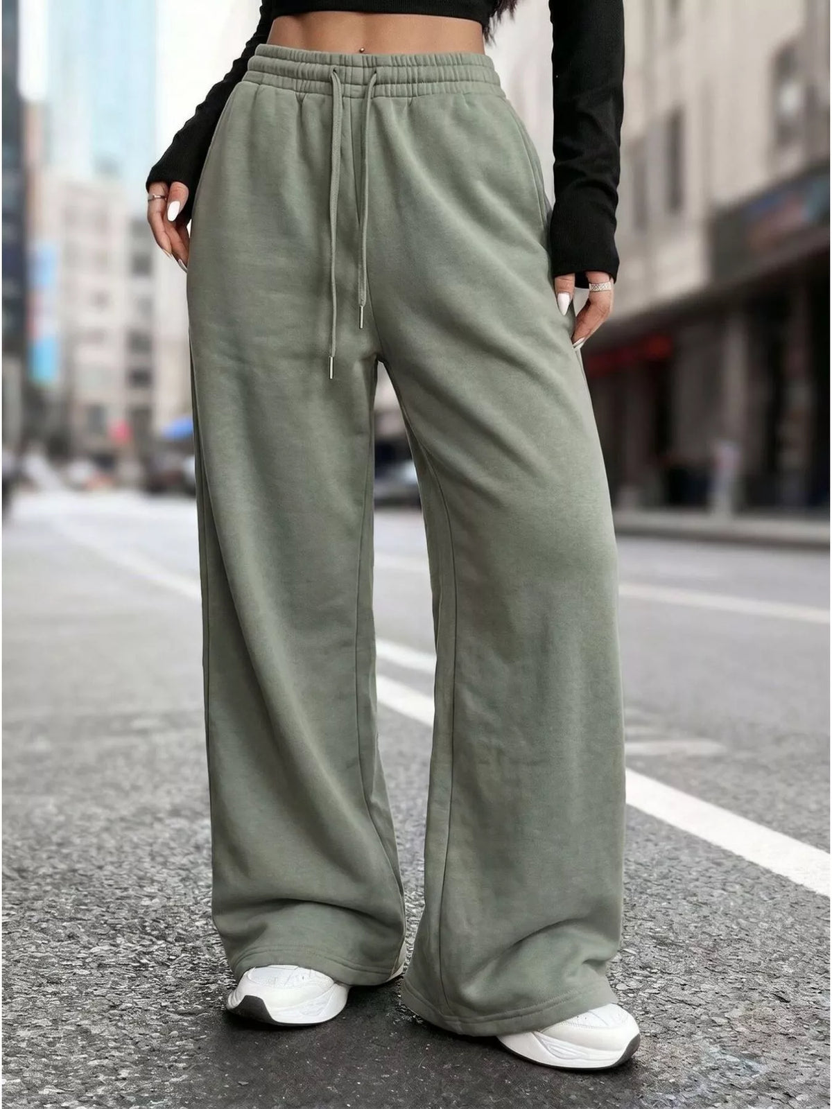 High-Waisted Wide-Leg Sweatpants - Grayish Green - View 1