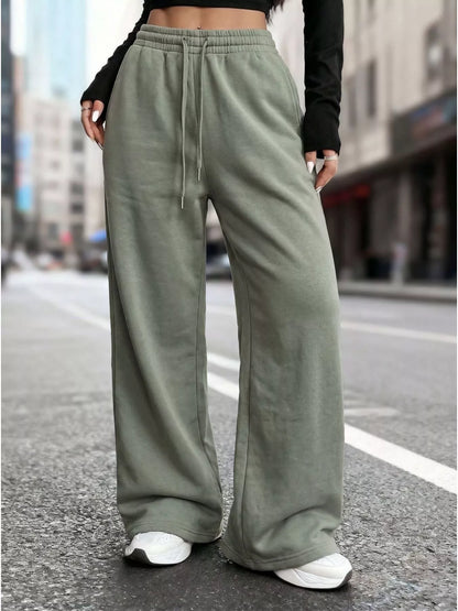 High-Waisted Wide-Leg Sweatpants - Grayish Green - View 1