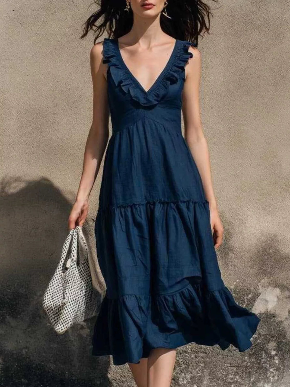 Full Size Ruffled V-Neck Tiered Midi Dress Plus Size - Navy - View 1