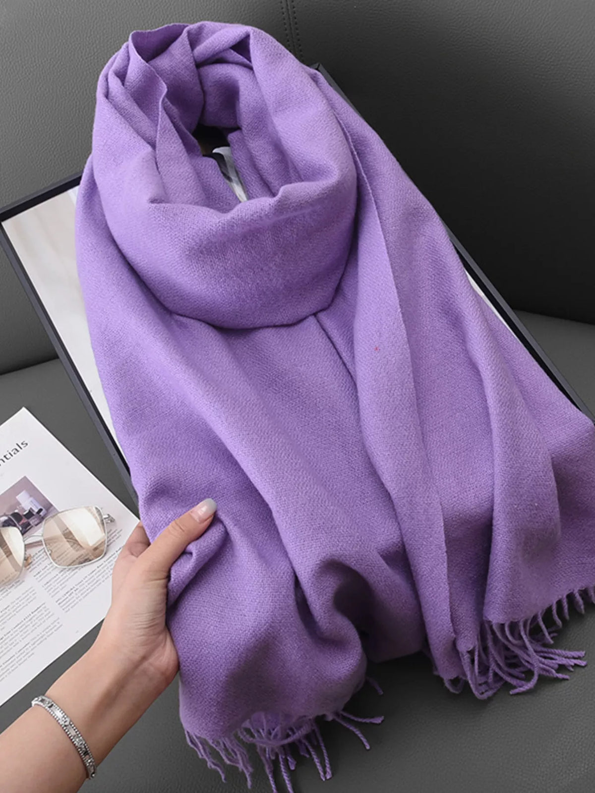 Solid Color Fringe Scarf - Lavender - View 14