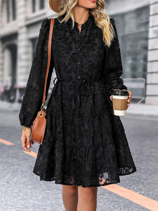 Perfee V-Neck Long Sleeve Buttoned Dress - Black - View 1