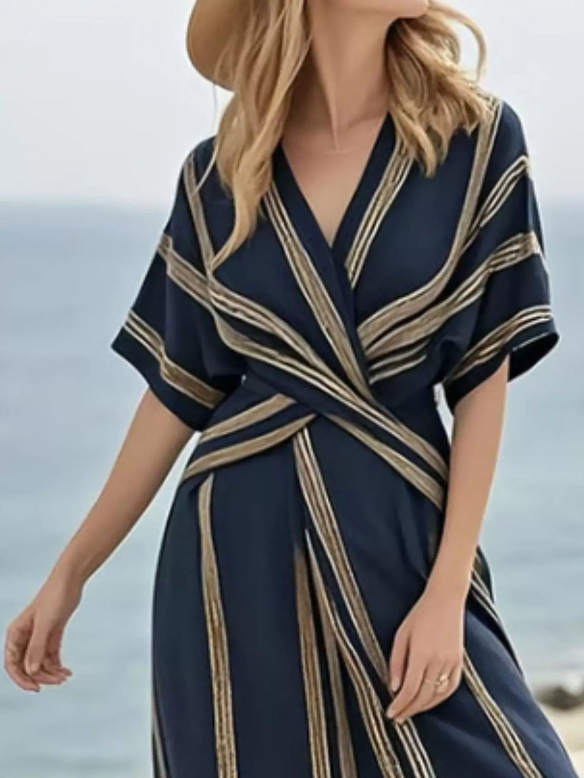 Full Size Striped Surplice Half Sleeve Midi Dress Plus Size - Dark Navy - View 2
