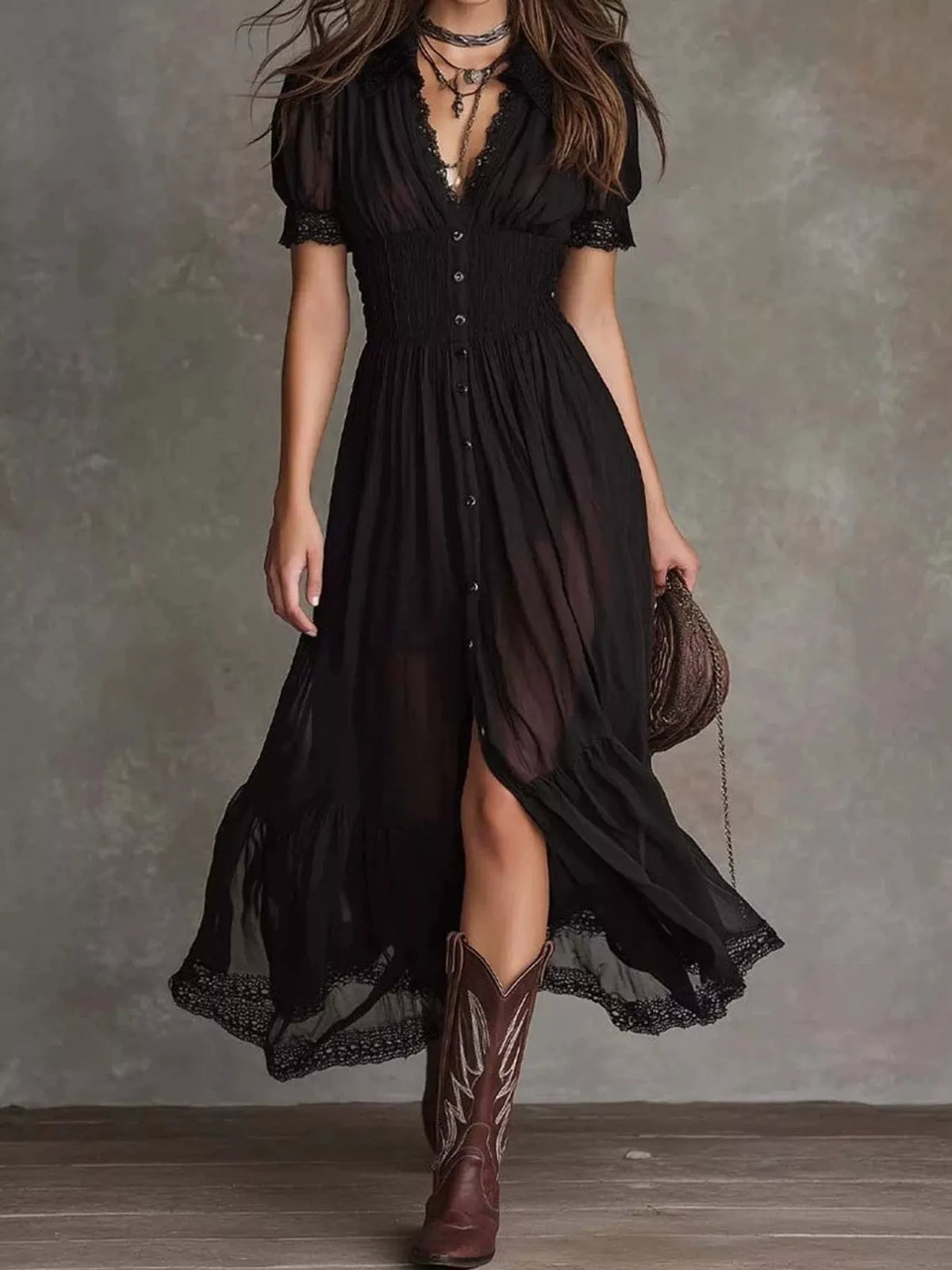 Button-Down Midi Dress with Lace Trim - Black - View 1