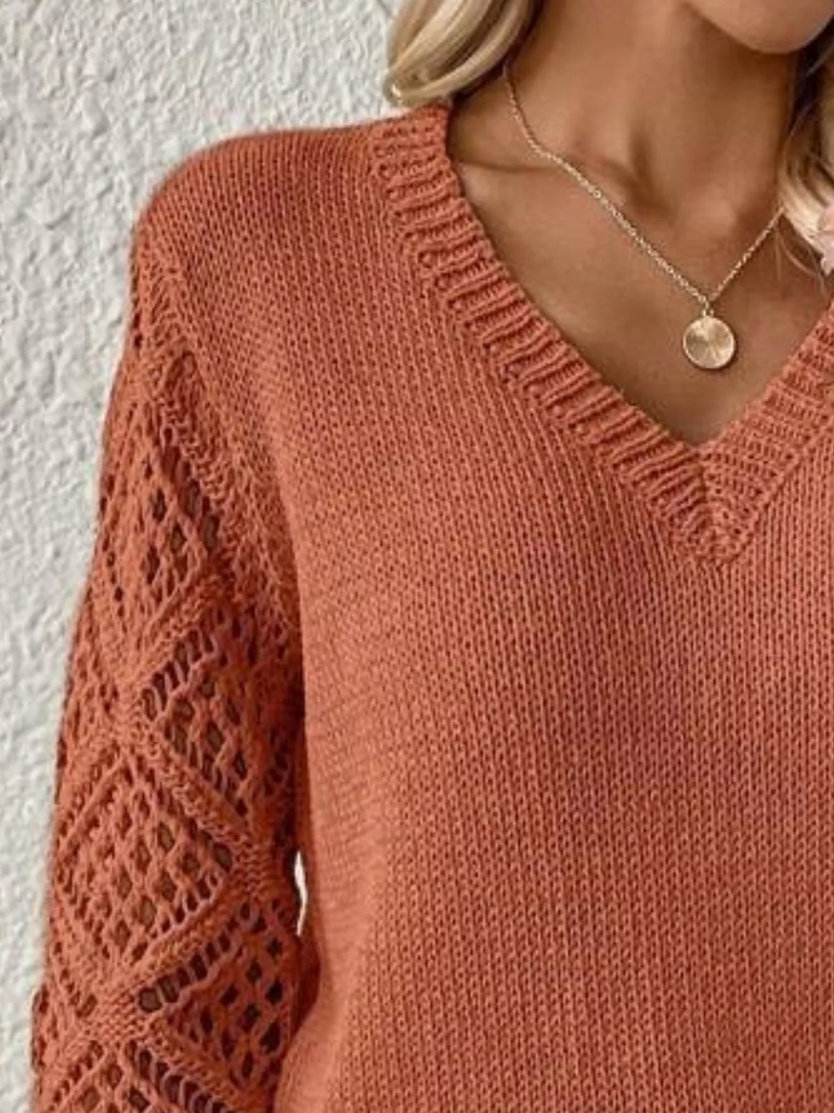 V-Neck Hollow-Out Sleeve Knit Sweater - Terracotta - View 11