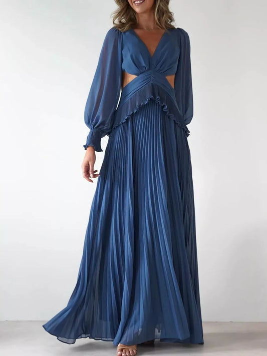 Backless Pleated Long Sleeve Maxi Dress - product photo 1