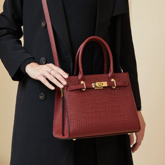Crocodile-Embossed Leather Top Handle Handbag - Burgundy - View 2