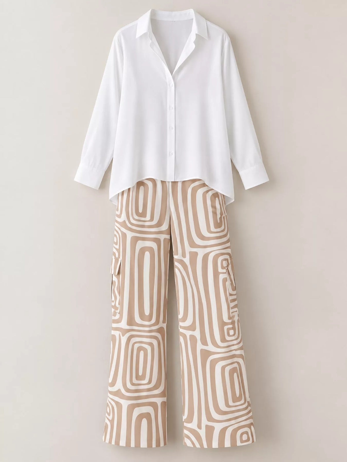 Full Size Chic Button-Down Shirt and Geometric Wide-Leg Pants Set Plus Size - Khaki - Set - View 6