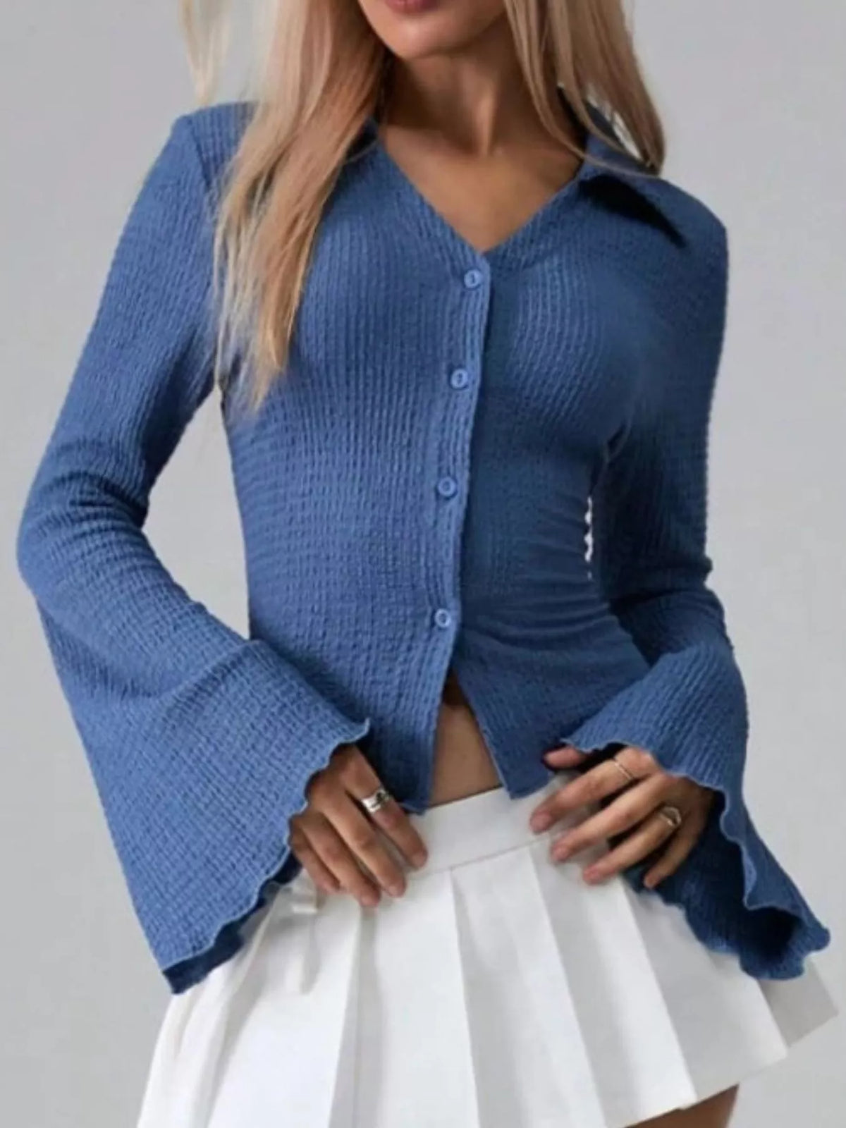 Button Up Flare Sleeve Shirt - Royal Blue - View 10