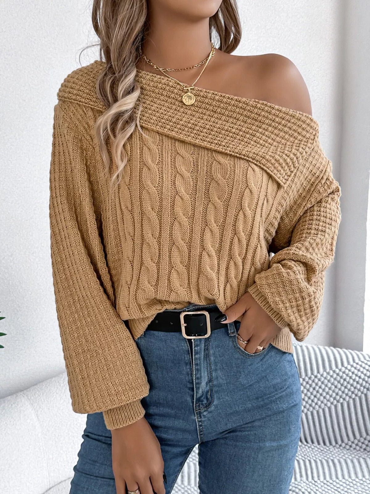 One Shoulder Cable Knit Sweater - Camel - View 3