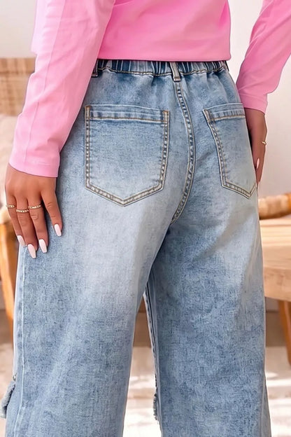 Studded Detail Wide-Leg Jeans - Light Blue - View 3