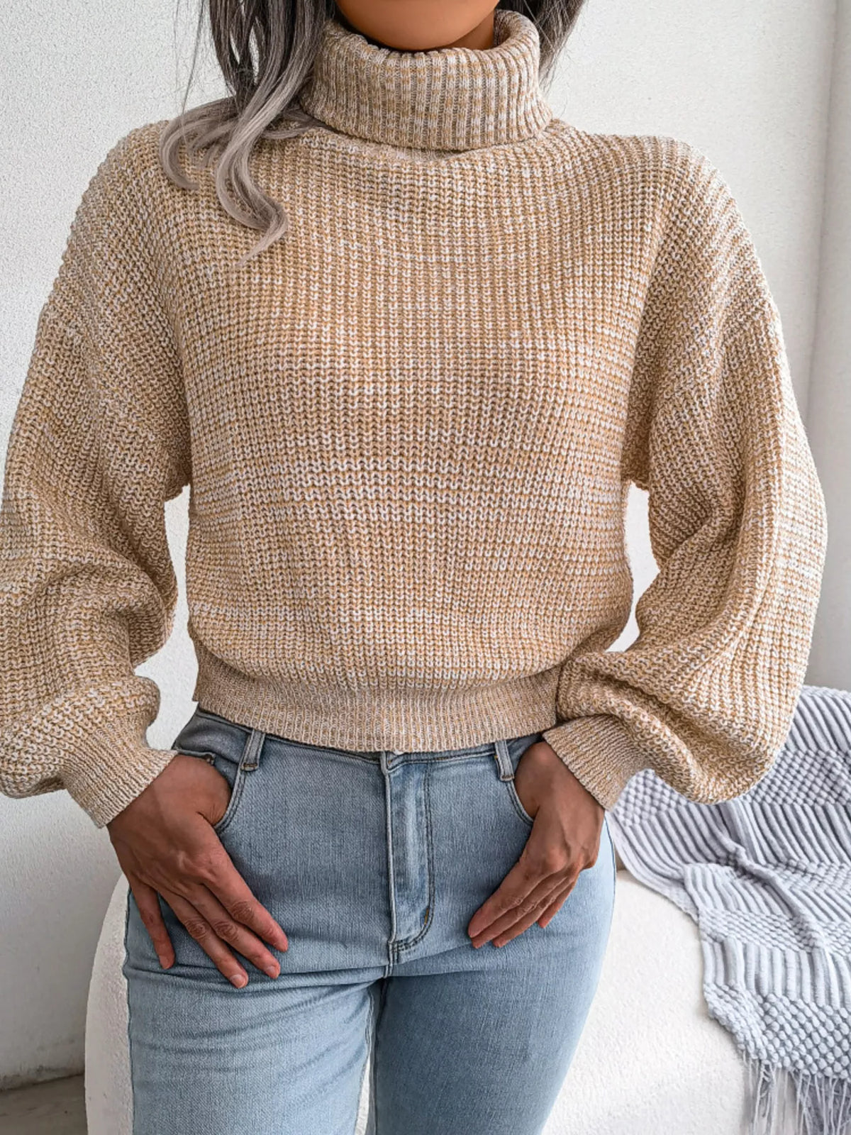 Turtleneck Dropped Shoulder Sweater - Beige - View 2