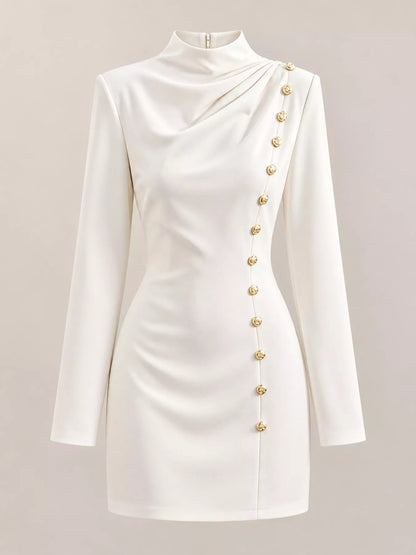 Full Size Decorative Button Mock Neck Mini Dress Plus Size - White - View 4