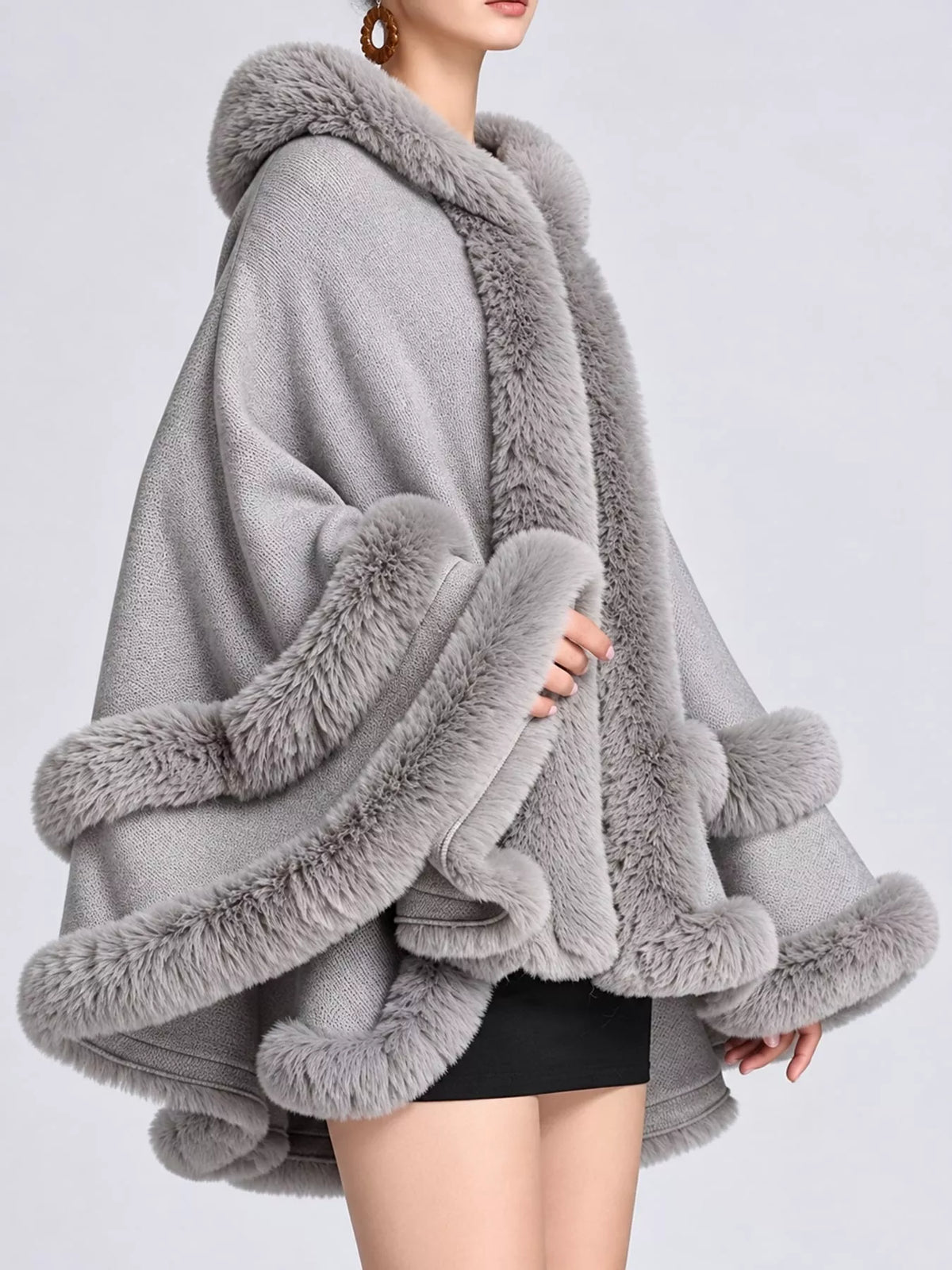 Faux Fur Trimmed Hooded Cape - Light Gray - View 50