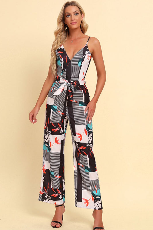 Printed Spaghetti Strap Tied Jumpsuit - White - View 1