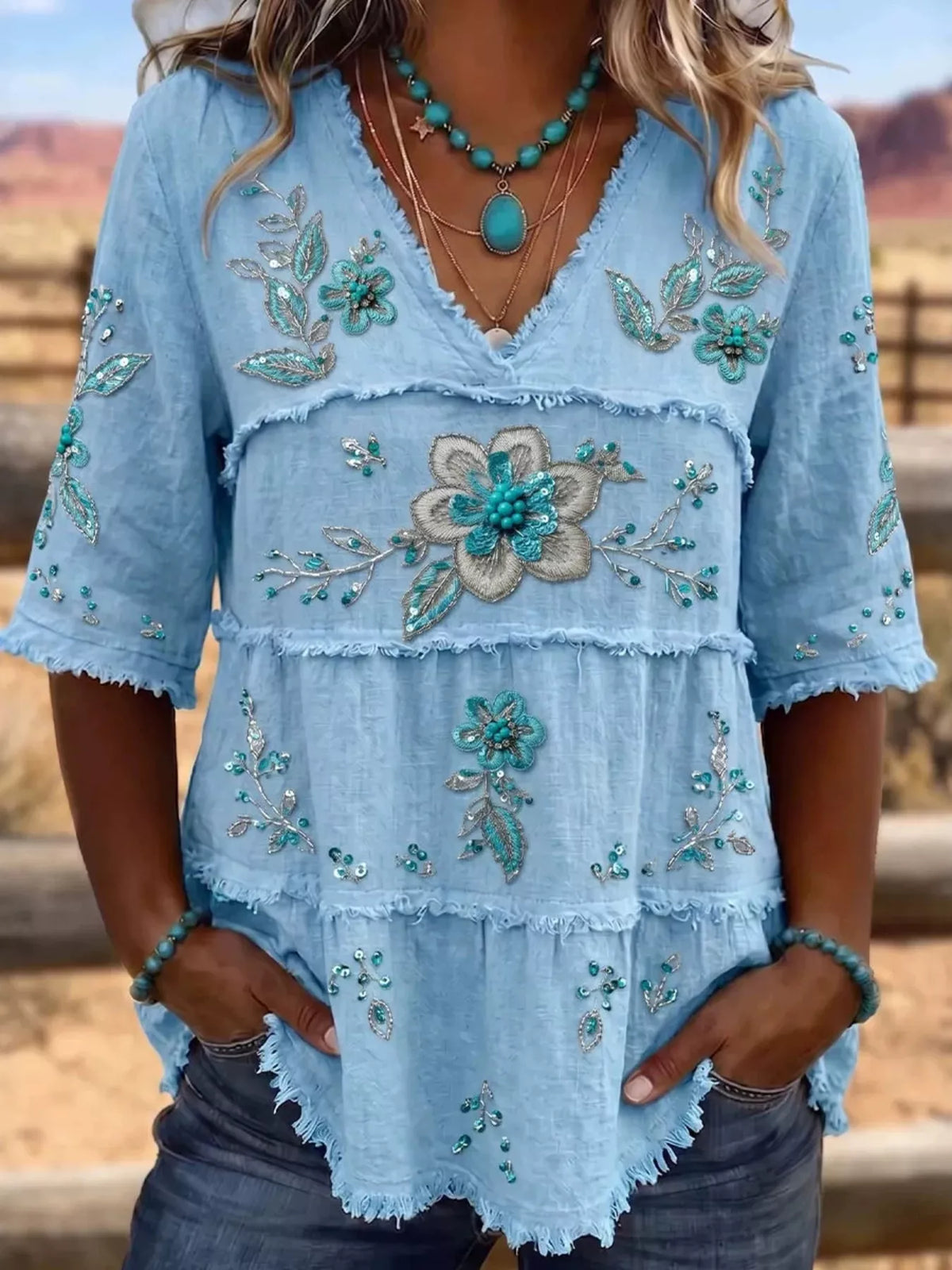 Full Size Floral Raw Hem V-Neck Blouse Plus Size - Blue - View 1