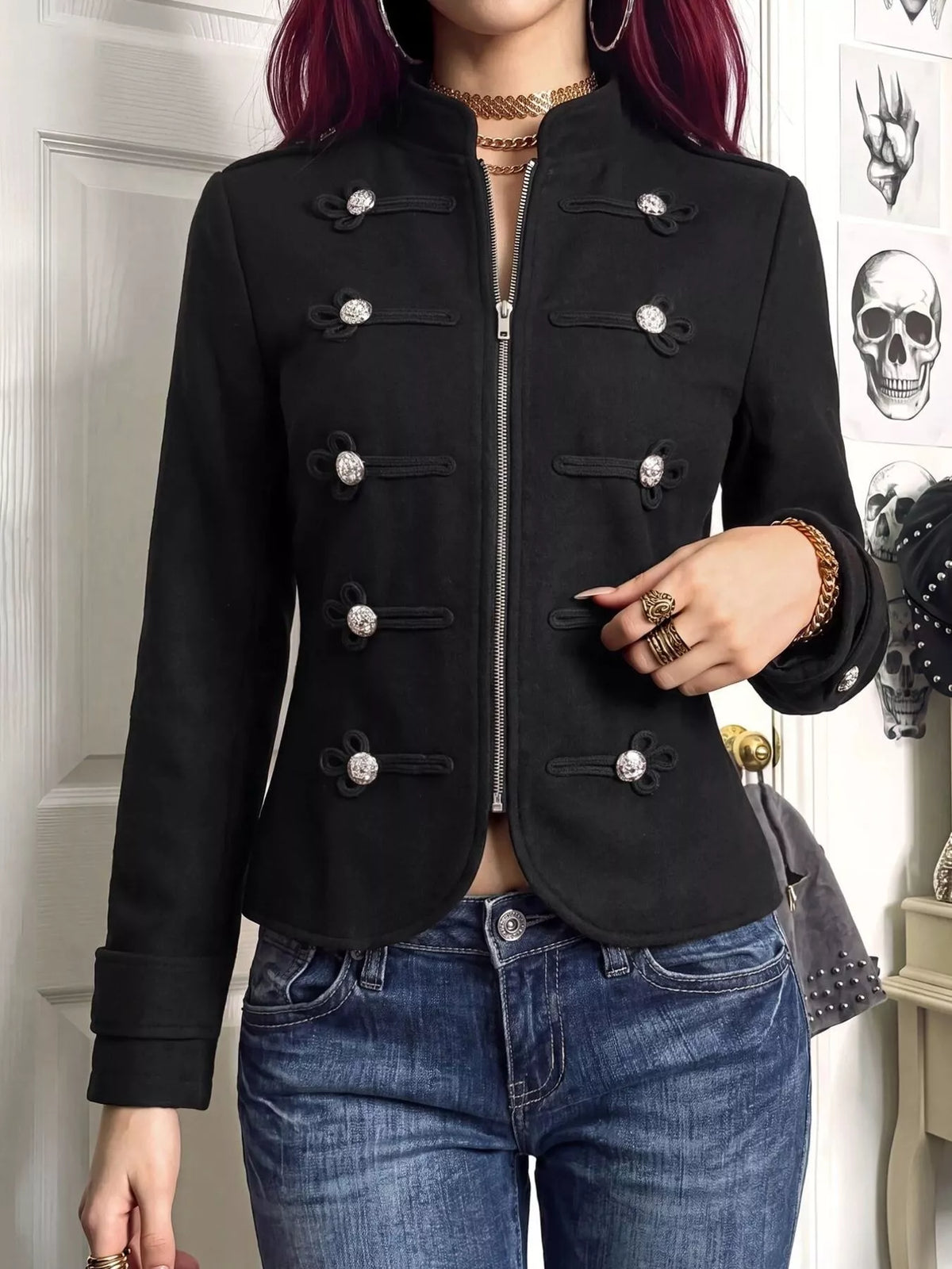 Decorative Button Zip Up Outerwear - Black - View 3