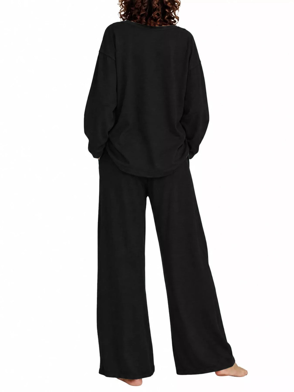 Full Size Round Neck Top and Drawstring Wide-Leg Pants Set Plus Size - Black - View 7