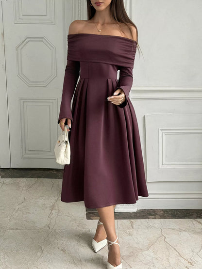 Off-Shoulder Long Sleeve Midi Dress - Coffee Brown - View 3