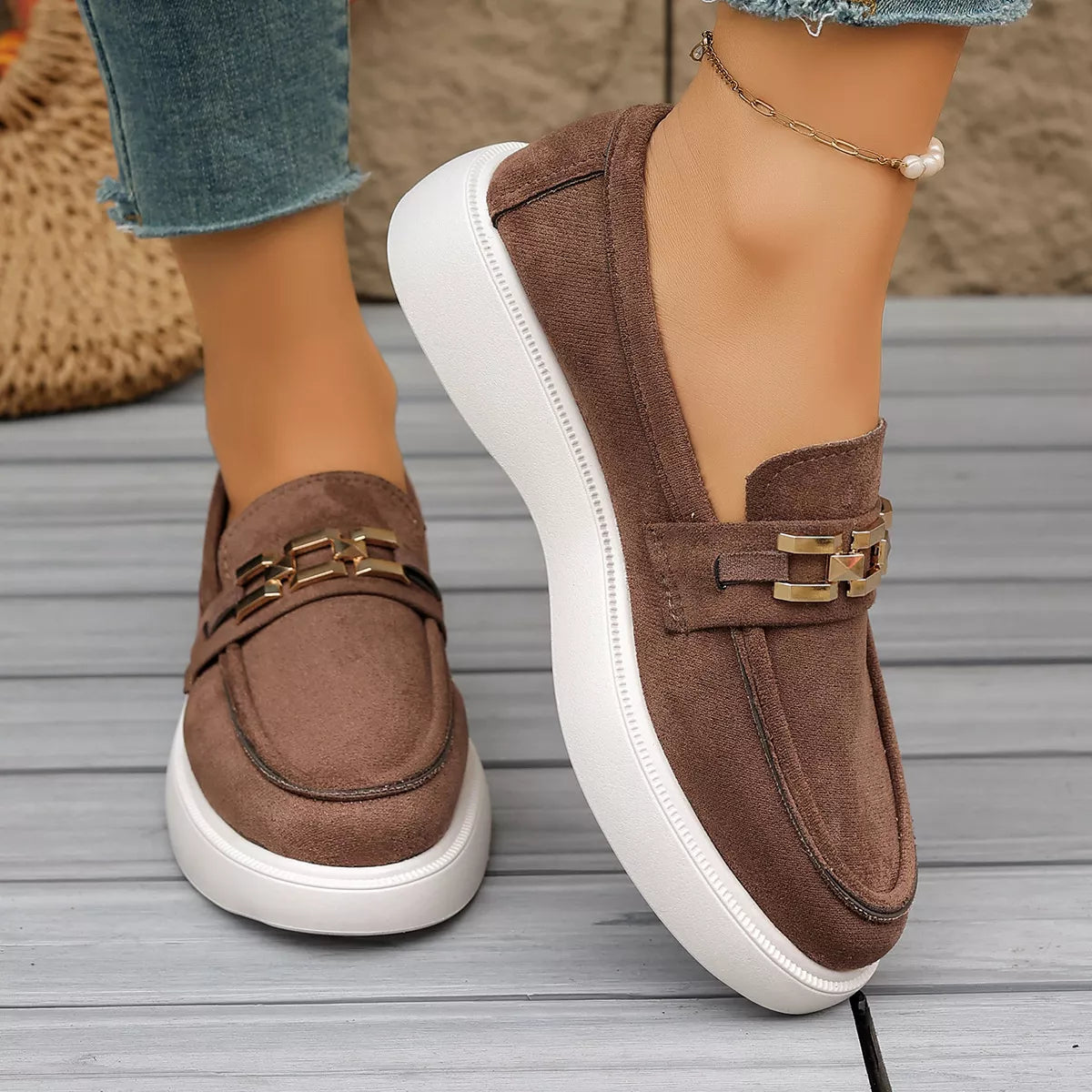 Round Toe Slip-Ons - Brown - View 2