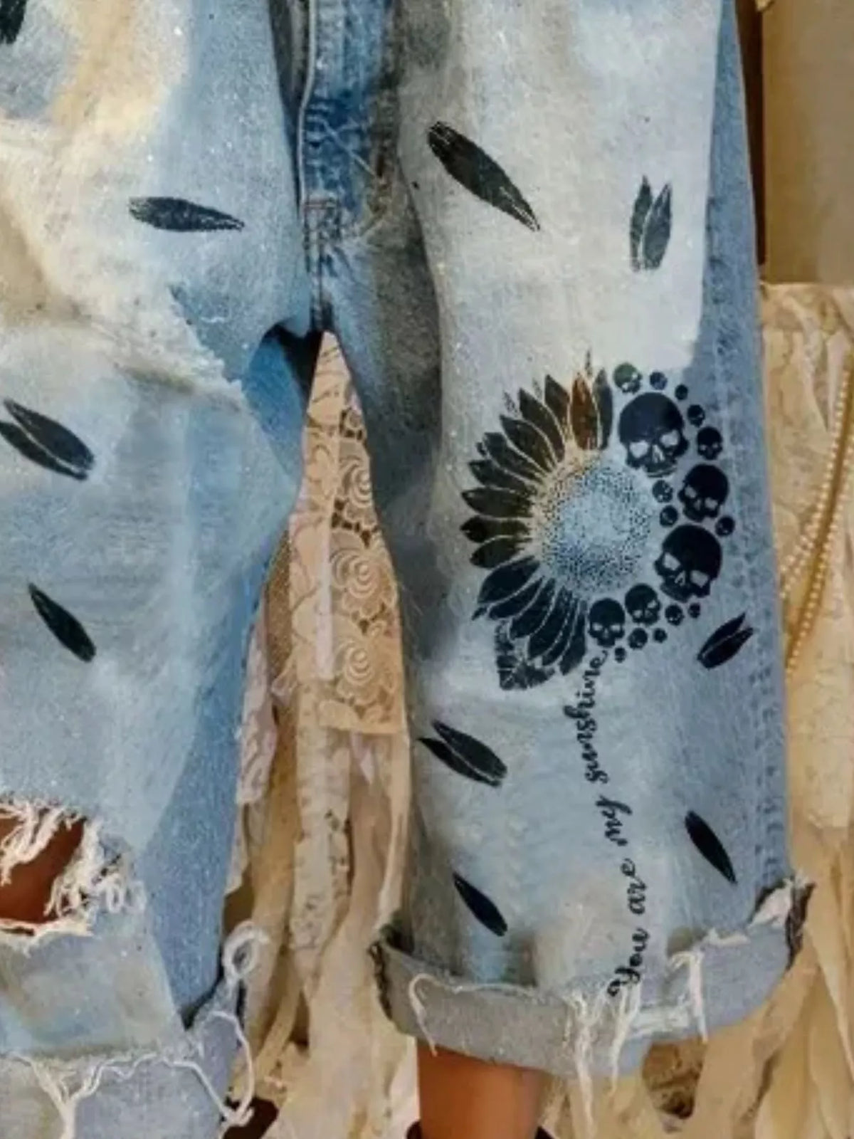 Full Size Distressed Skull Print Jeans Plus Size - Light Blue - View 2