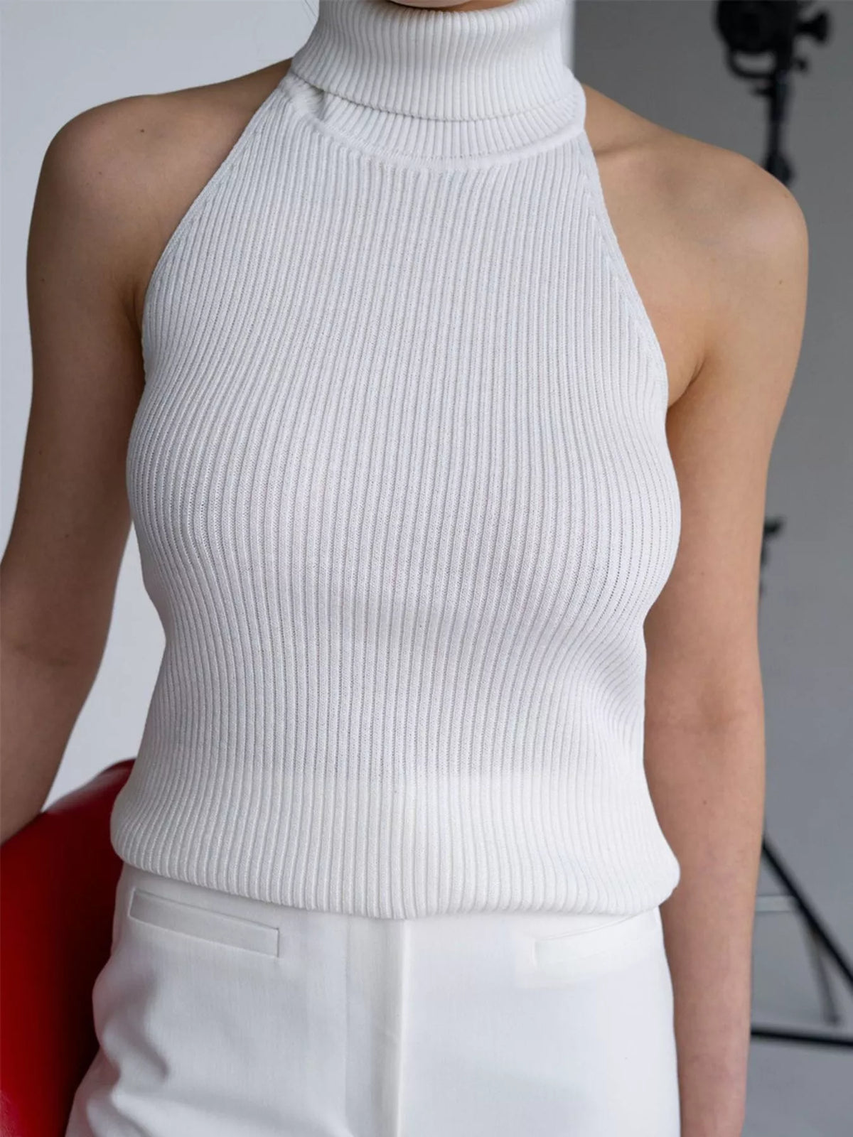 Halter Neck Sweater Tank - White - View 7