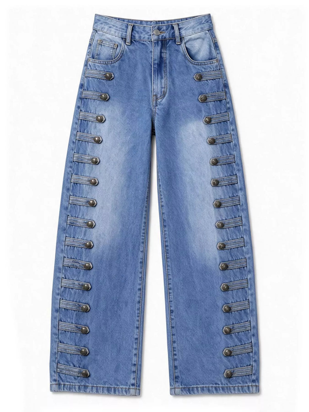Decorative Button Wide Leg Jeans - Blue - View 26