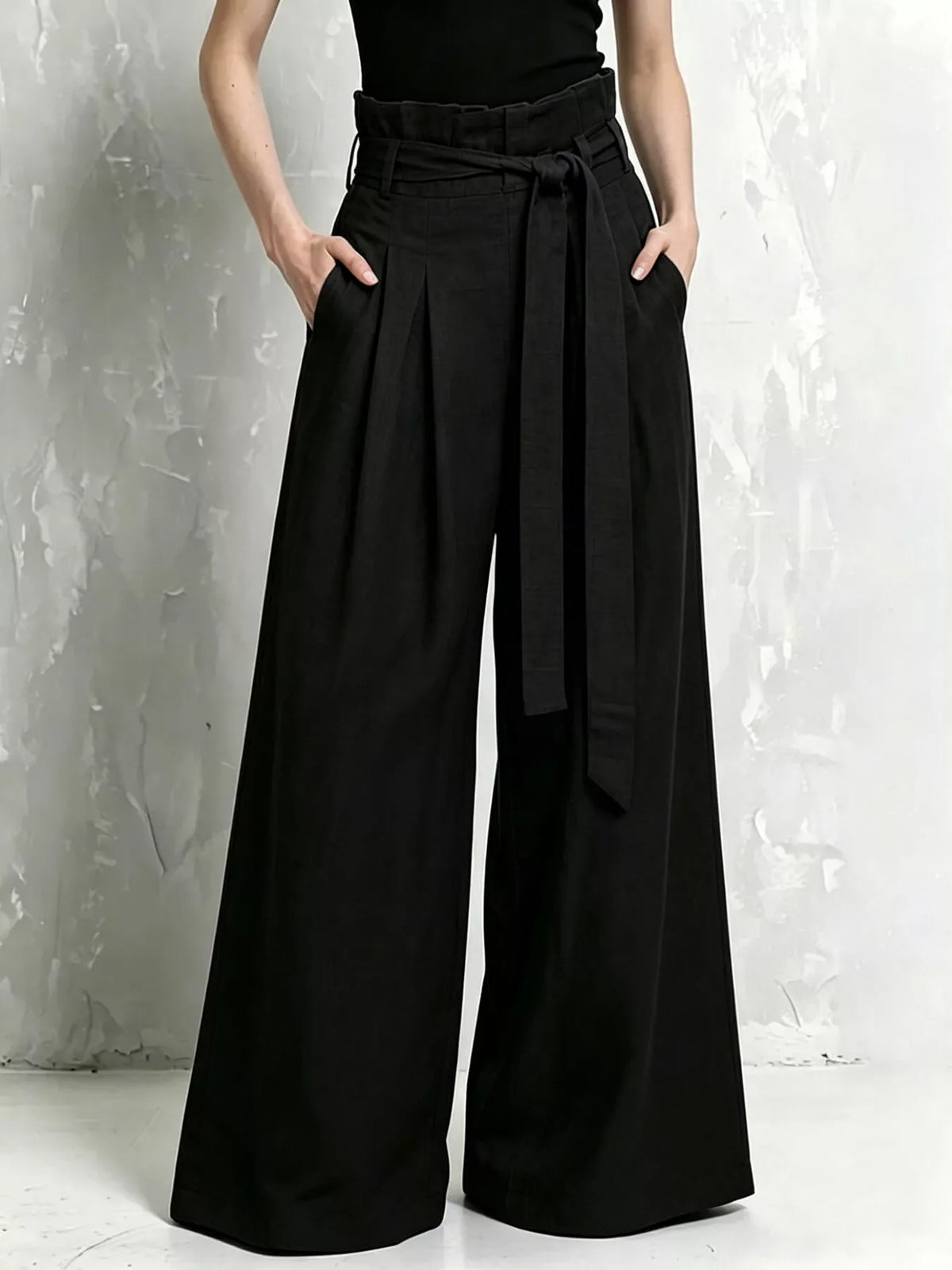 Full Size Wide-Leg Paperbag Waist Pants Plus Size - Black - View 3