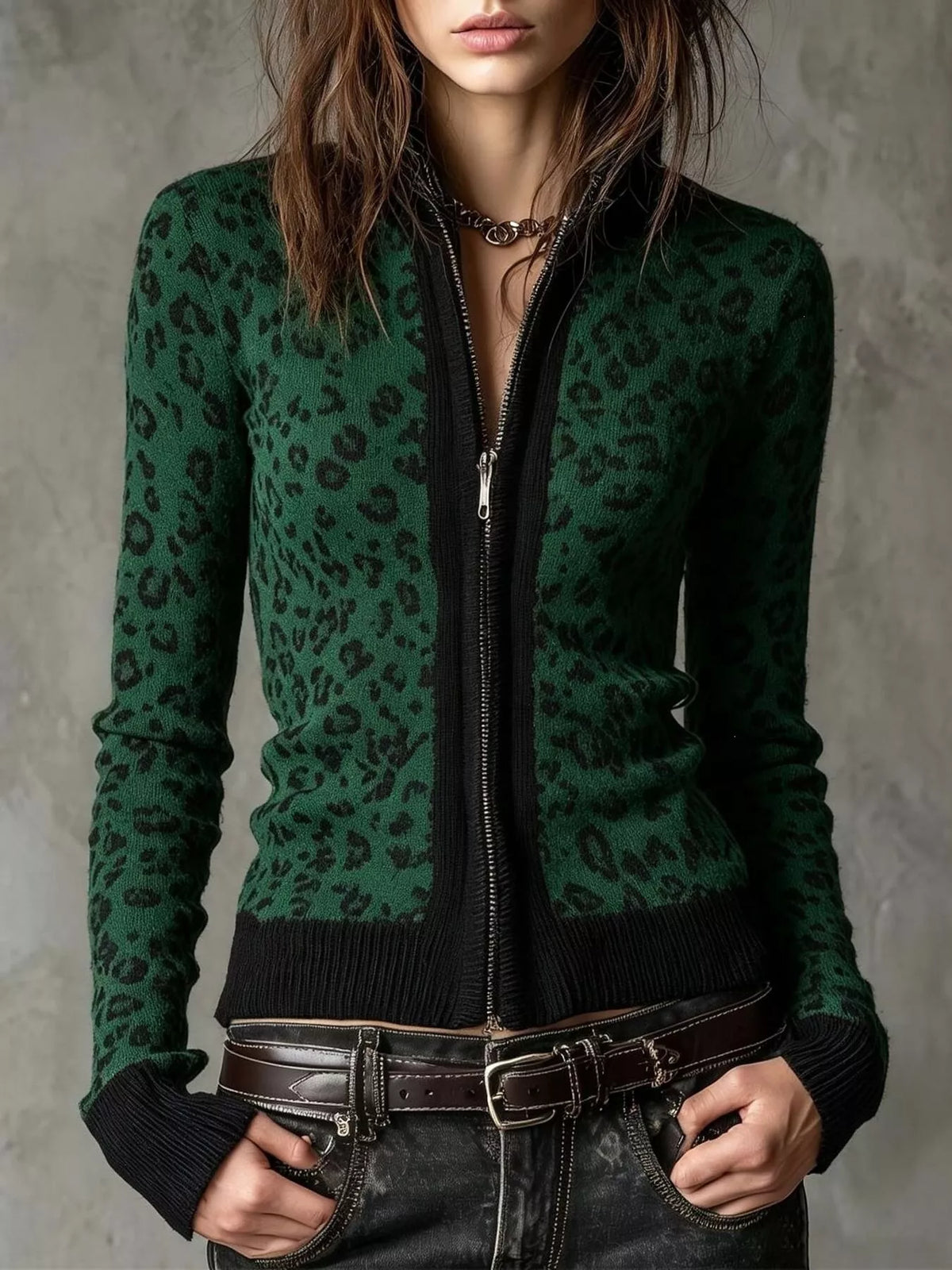 Leopard Zip-Up Knit Cardigan - Dark Green - View 1