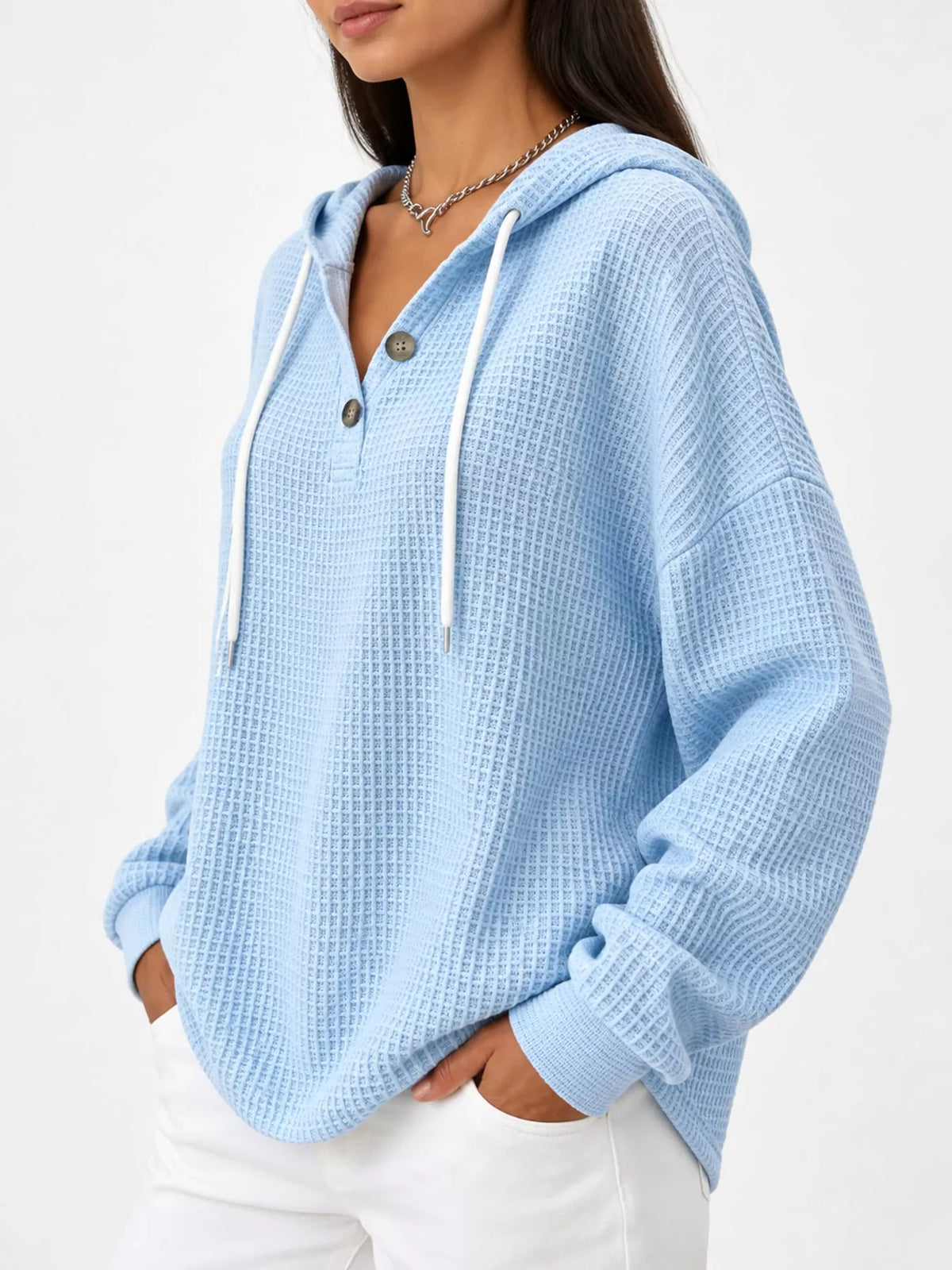 Full Size Waffle Knit Button Detail Hoodie Plus Size - Light Blue - View 6